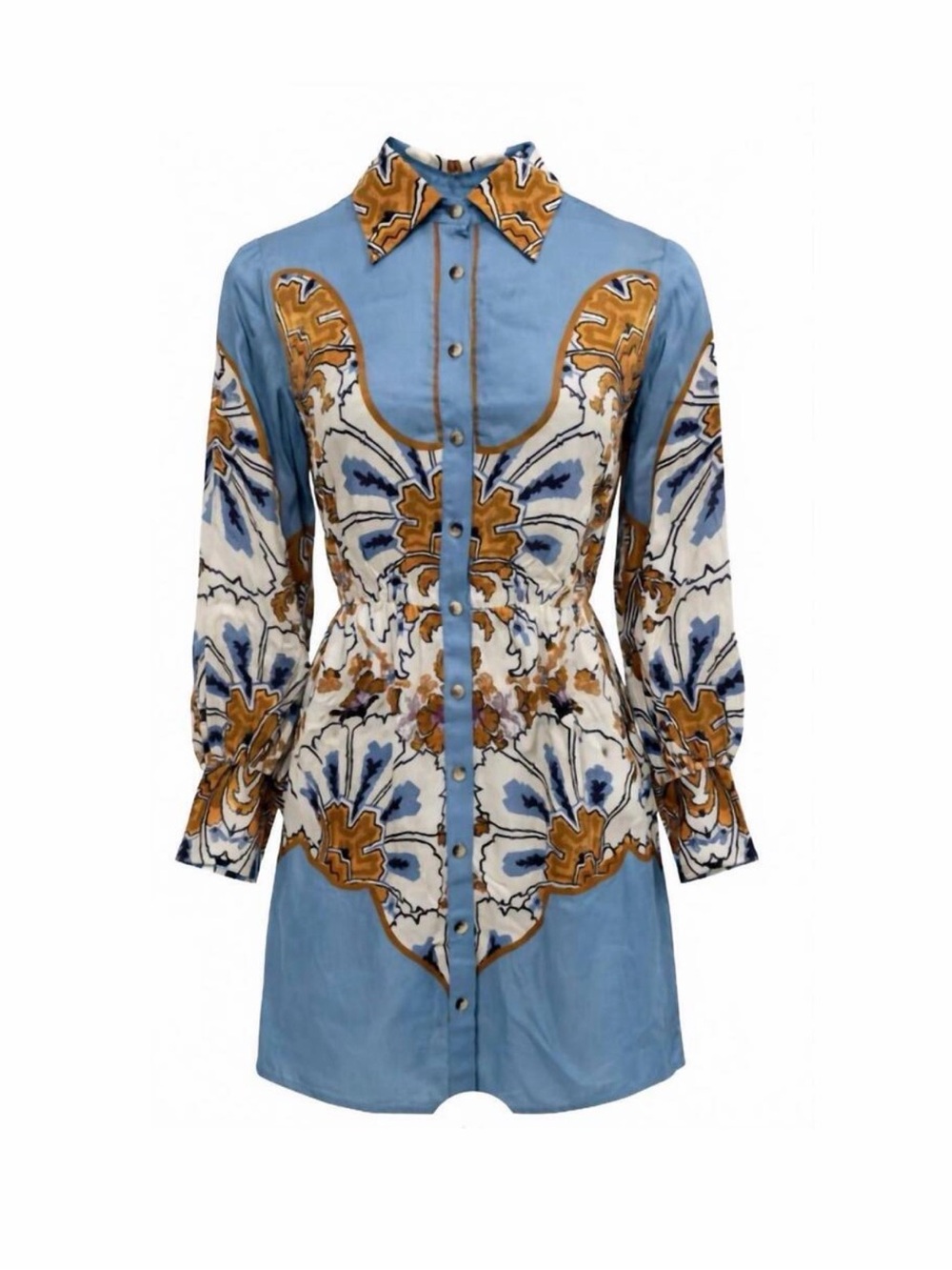 Blue and Mustard Floral Print Button-Front Women's Dress